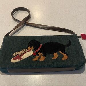 Dog-Themed Denim and Brown Shoulder Bag